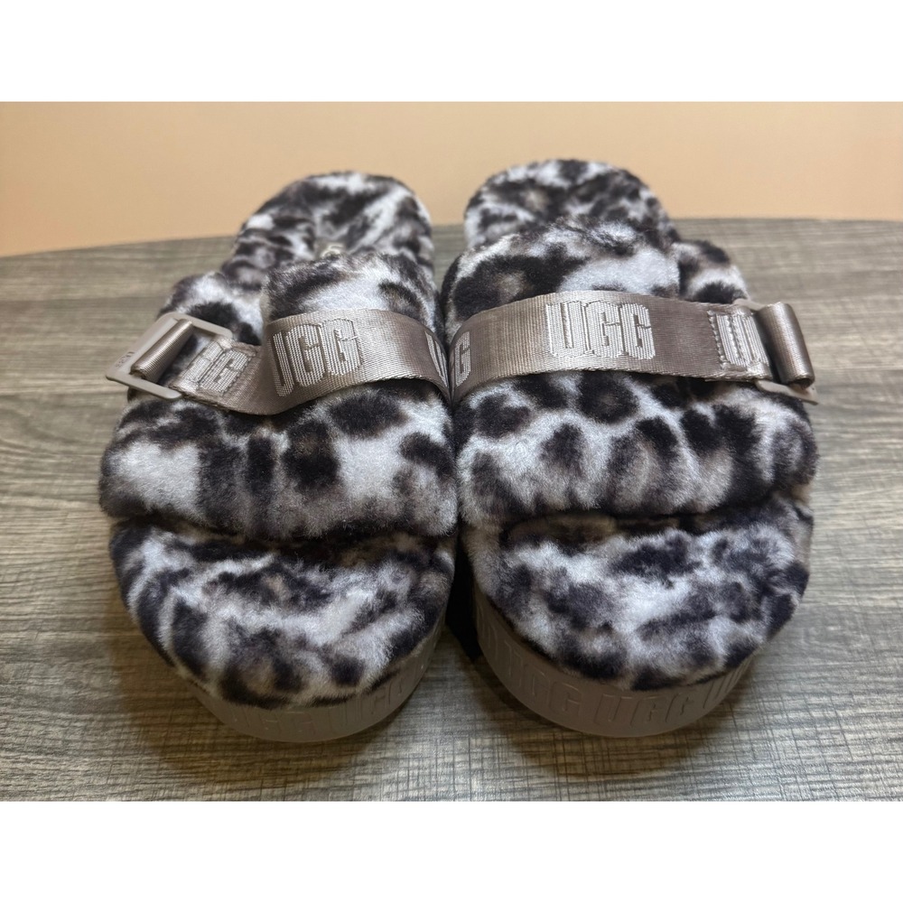 UGG Fuzzita Leopard Print Platform Slides Black White Animal Print Slippers - Picture 1 of 5